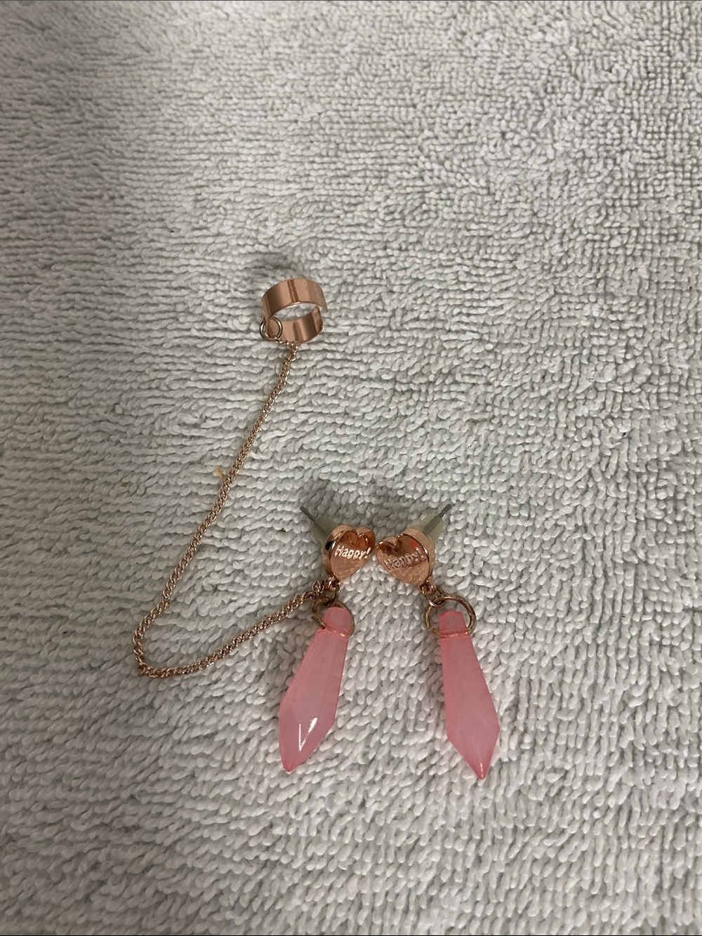 Sale! Hot Topic Rose Gold Pink Crystal Heart “Happy!” Ear Cuff Stud Earrings